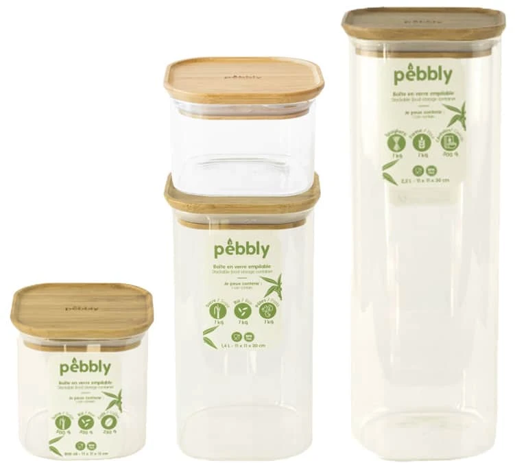 Lot De Boîtes Conservatrices PEBBLY En Verre Et Couvercle En Bambou 3 Lot De Boîtes Conservatrices PEBBLY En Verre Et Couvercle En Bambou